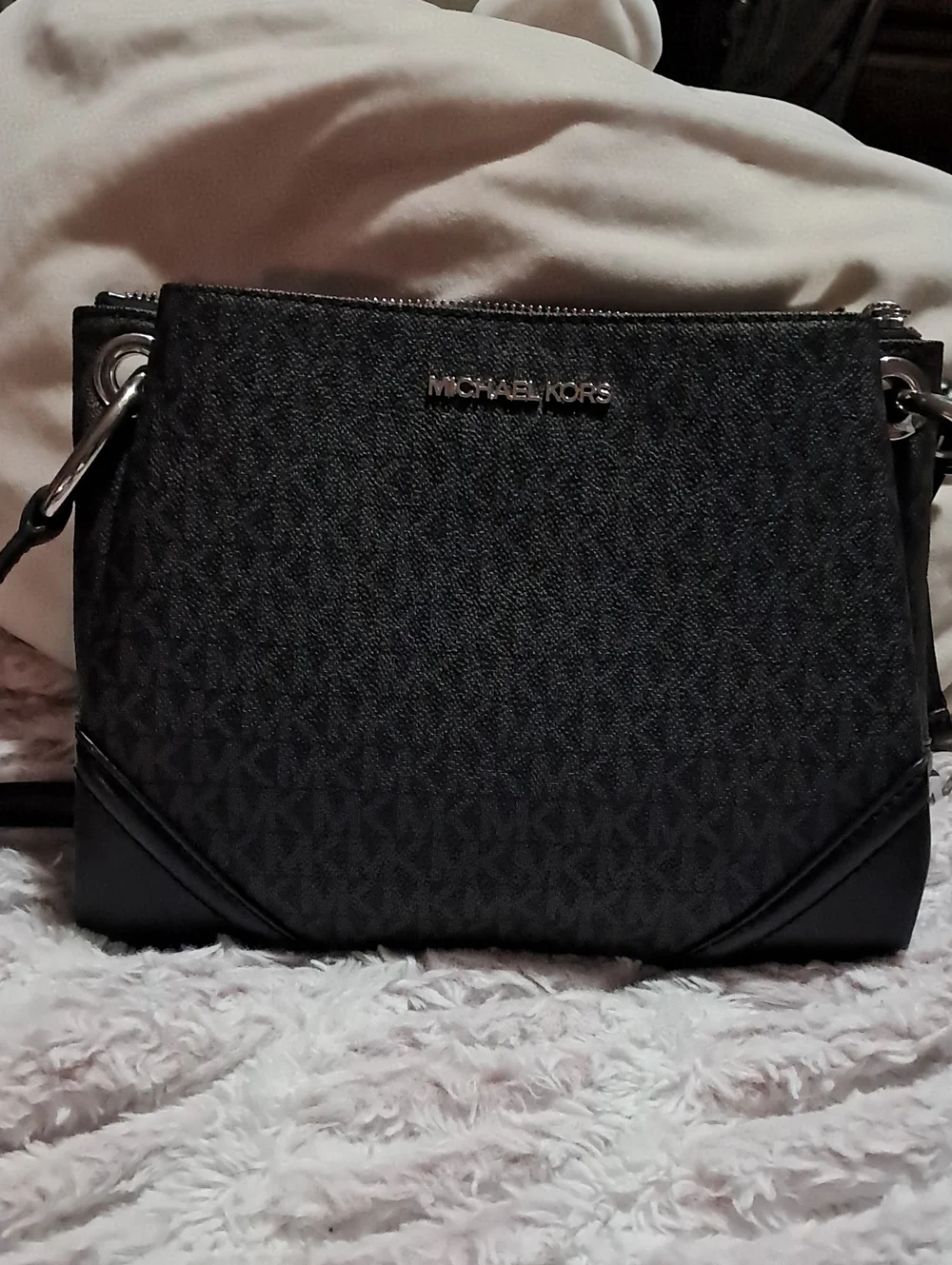 Michael Kors Black Signature MK Crossbody with Silver Hardware